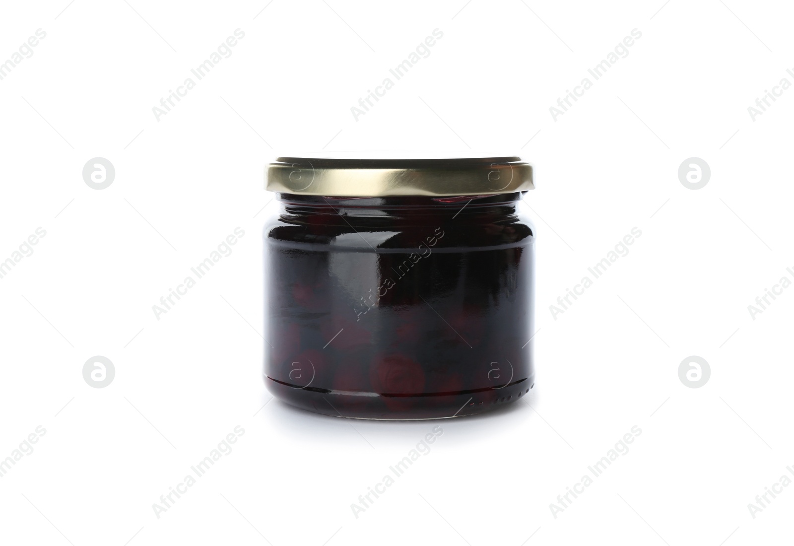 Photo of Glass jar with cherry jam isolated on white. Pickling and preservation