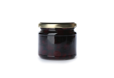 Photo of Glass jar with cherry jam isolated on white. Pickling and preservation