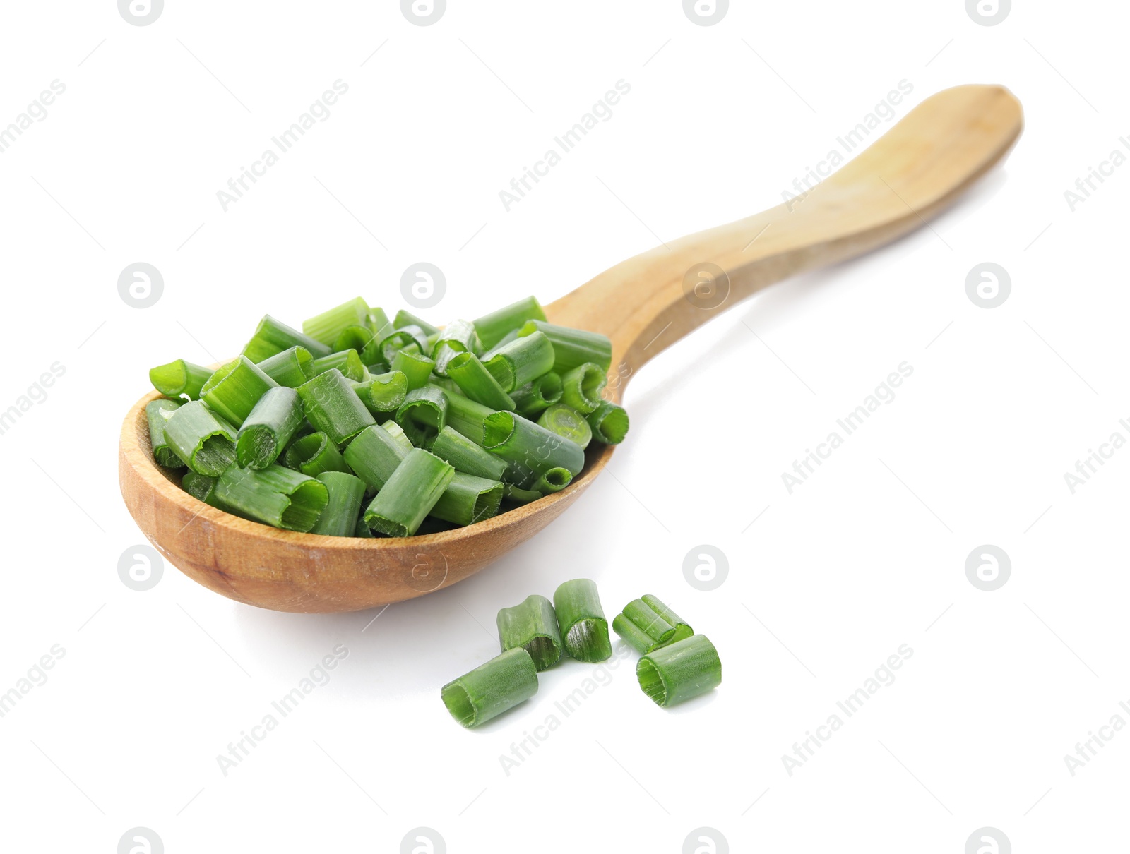 Photo of Spoon with chopped green onion on white background