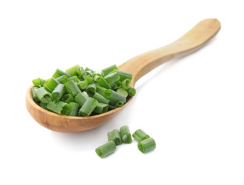 Spoon with chopped green onion on white background