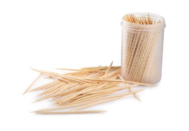 Photo of Holder with wooden toothpicks on white background