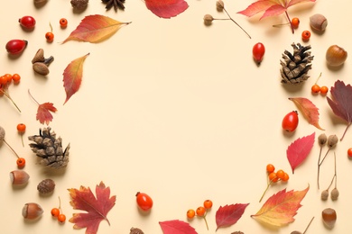 Flat lay composition with autumn leaves on beige background. Space for text