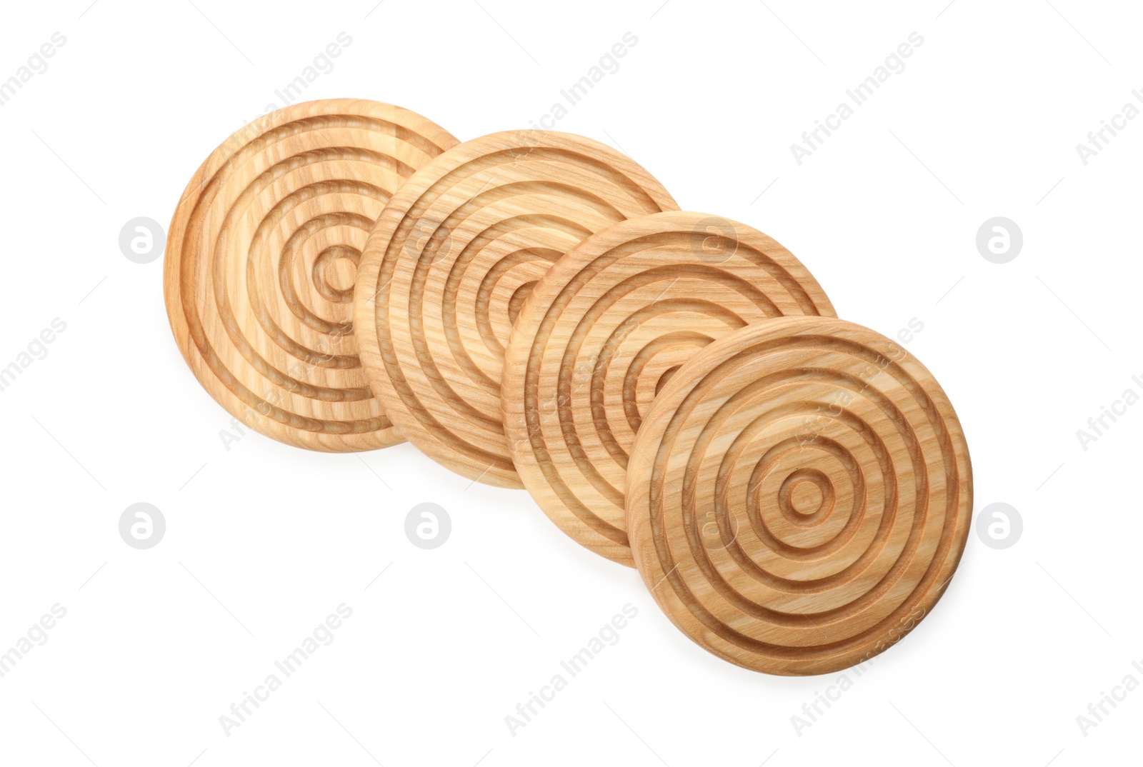 Photo of Wooden cup coasters on white background, top view