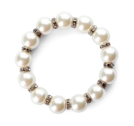 Photo of Elegant pearl bracelet isolated on white, top view