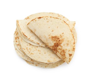 Many tasty homemade tortillas isolated on white, top view