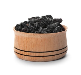 Photo of Bowl with raisins on white background. Healthy dried fruit