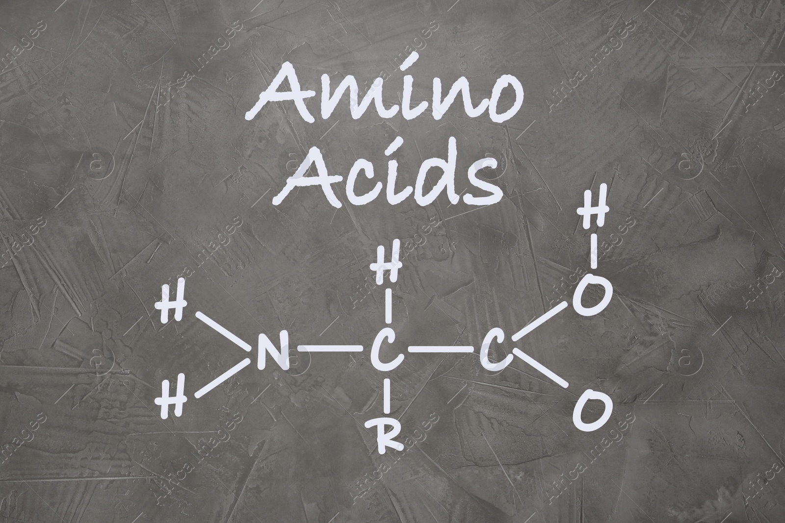 Illustration of Text Amino Acids  and chemical formula on grey stone surface