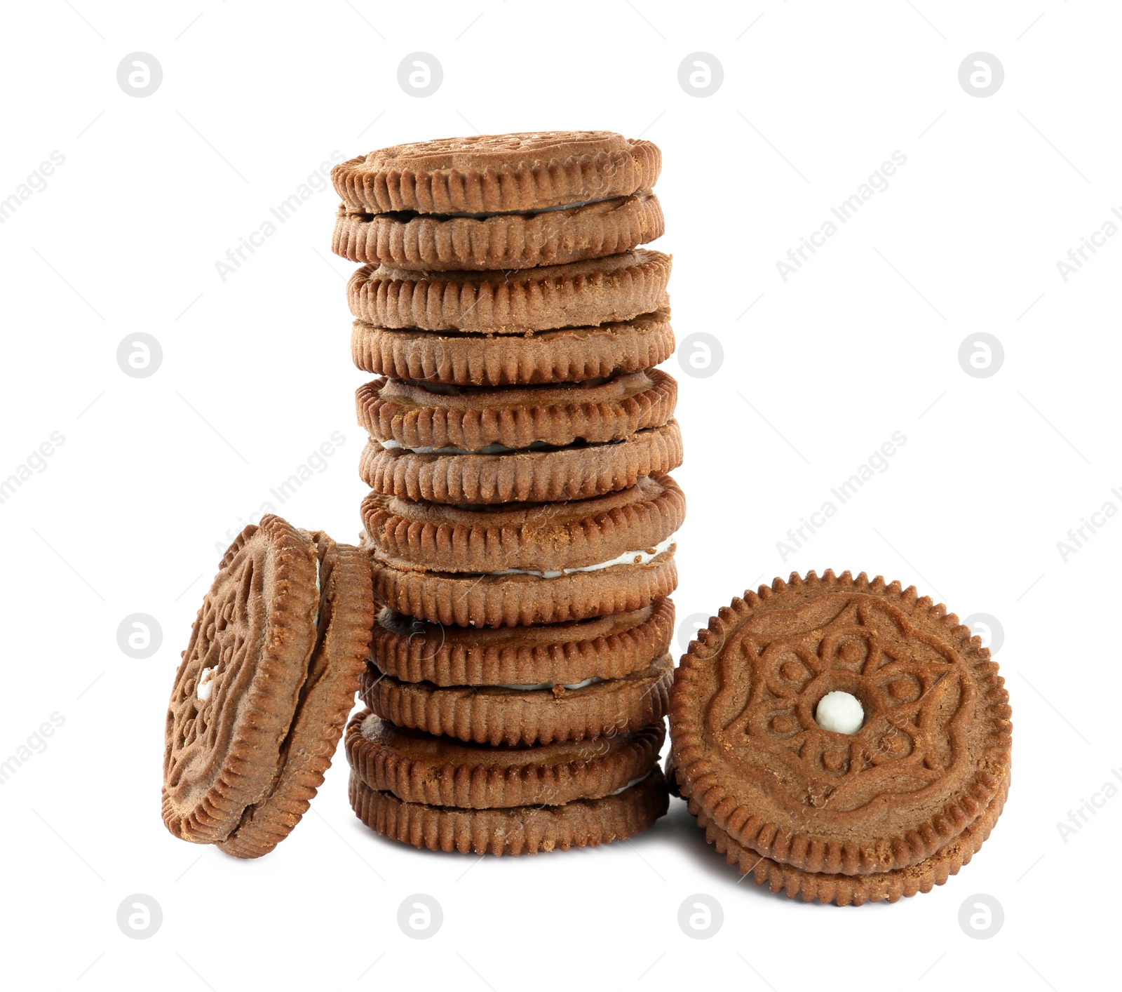 Photo of Tasty chocolate sandwich cookies on white background