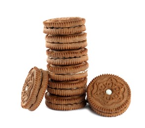 Photo of Tasty chocolate sandwich cookies on white background