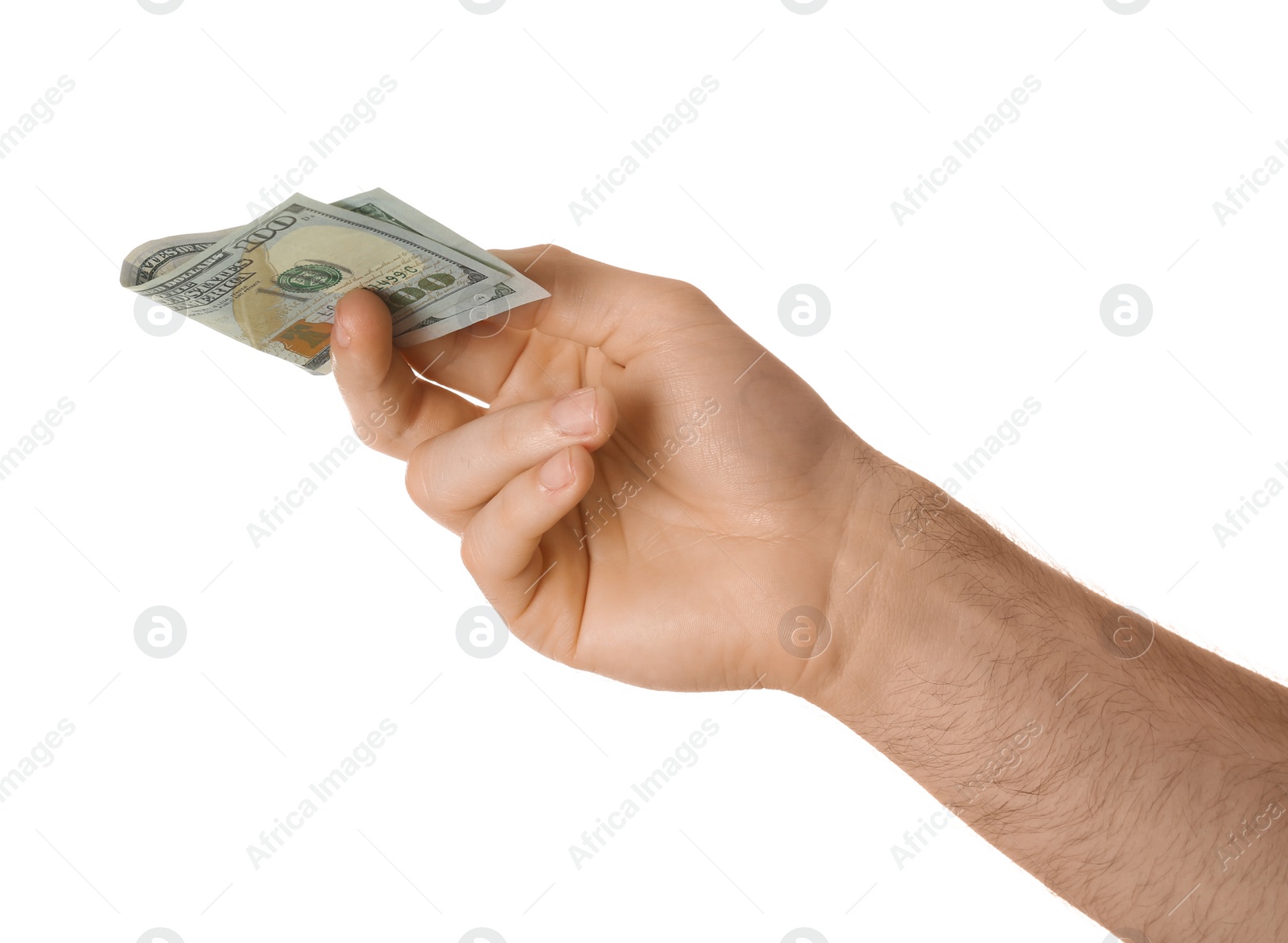 Photo of Man with dollar bill on white background, closeup