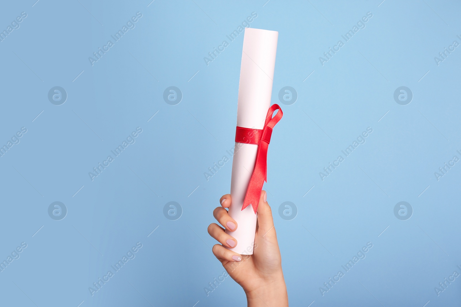 Photo of Student holding rolled diploma with red ribbon on light blue background, closeup