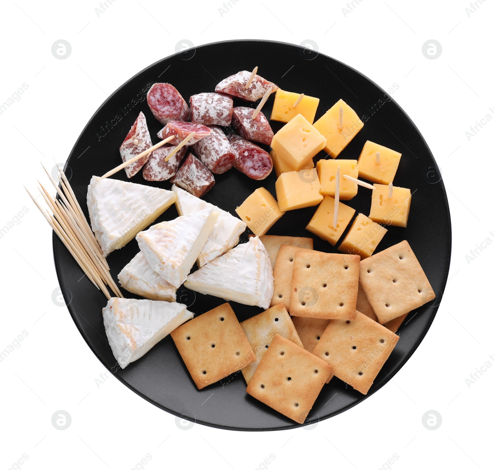 Photo of Toothpick appetizers. Tasty cheese, sausage, and crackers on white background, top view