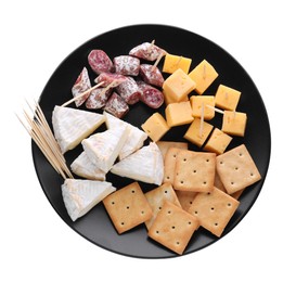 Toothpick appetizers. Tasty cheese, sausage, and crackers on white background, top view