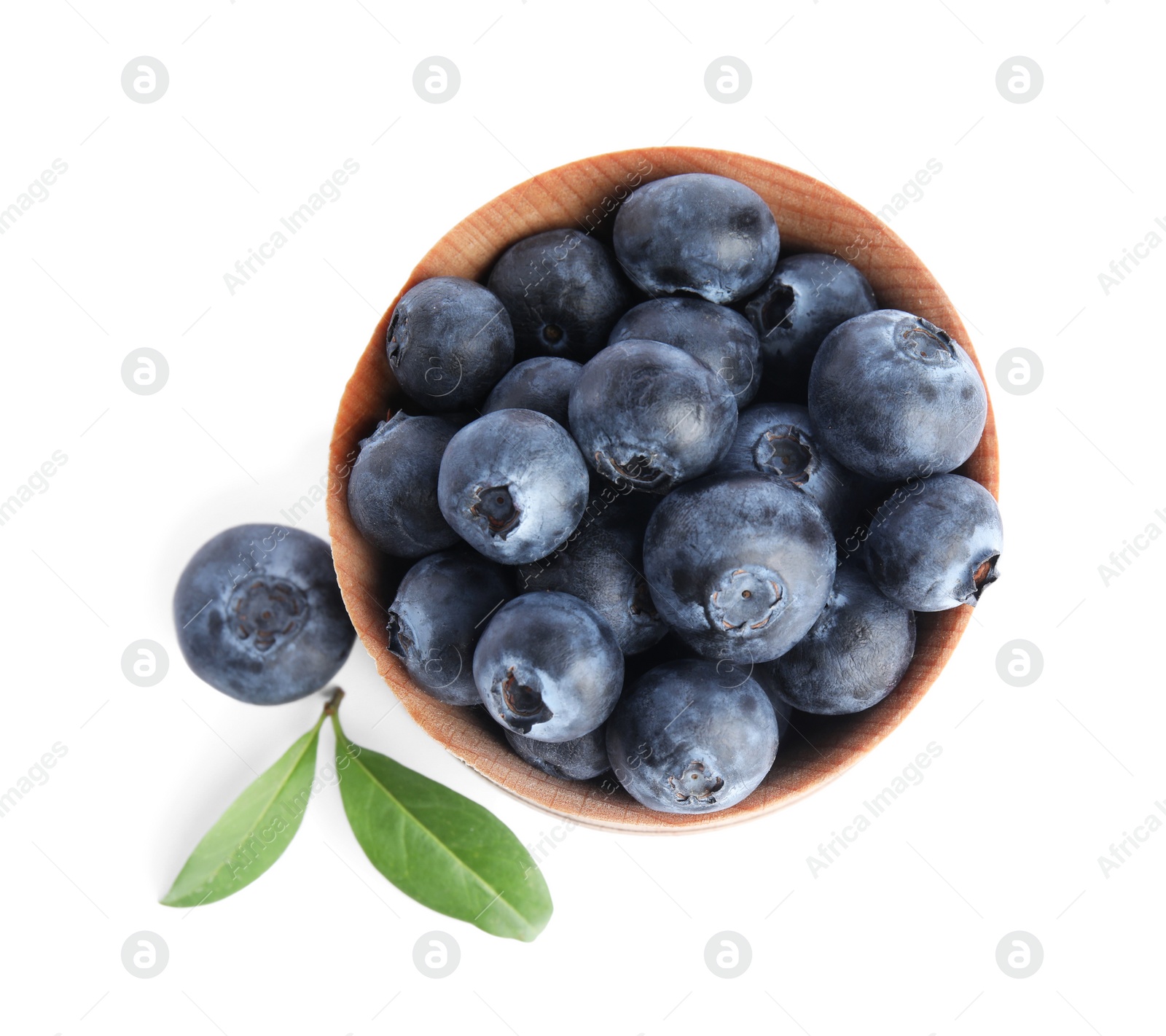 Photo of Fresh ripe blueberries in bowl on white background, top view