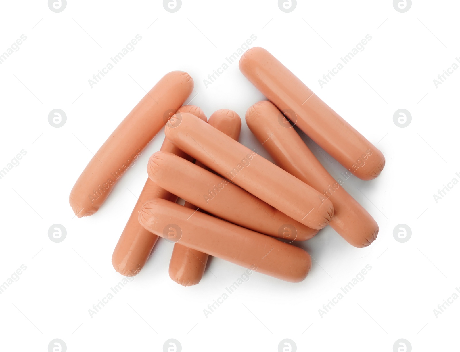 Photo of Tasty sausages on white background, top view. Meat product