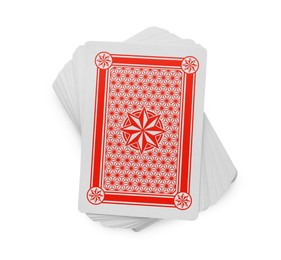 Photo of Deck of playing cards isolated on white, top view. Poker game