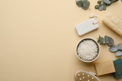 Photo of Flat lay composition with pumice stone on beige background. Space for text