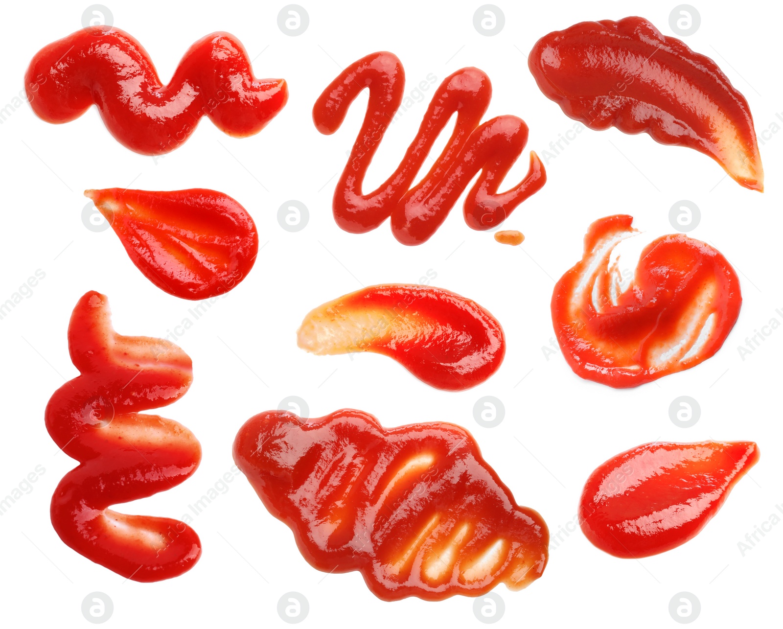 Image of Set of tasty ketchup on white background, top view. Tomato sauce