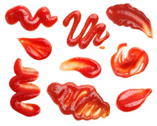 Image of Set of tasty ketchup on white background, top view. Tomato sauce