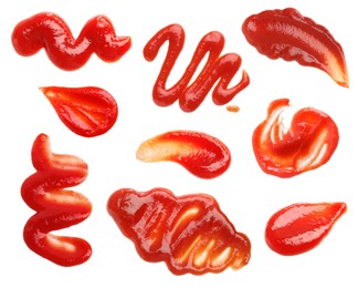 Set of tasty ketchup on white background, top view. Tomato sauce