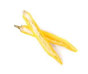 Photo of Cut ripe chili pepper on white background