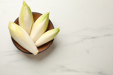 Photo of Raw ripe chicories in bowl on white marble table, top view. Space for text