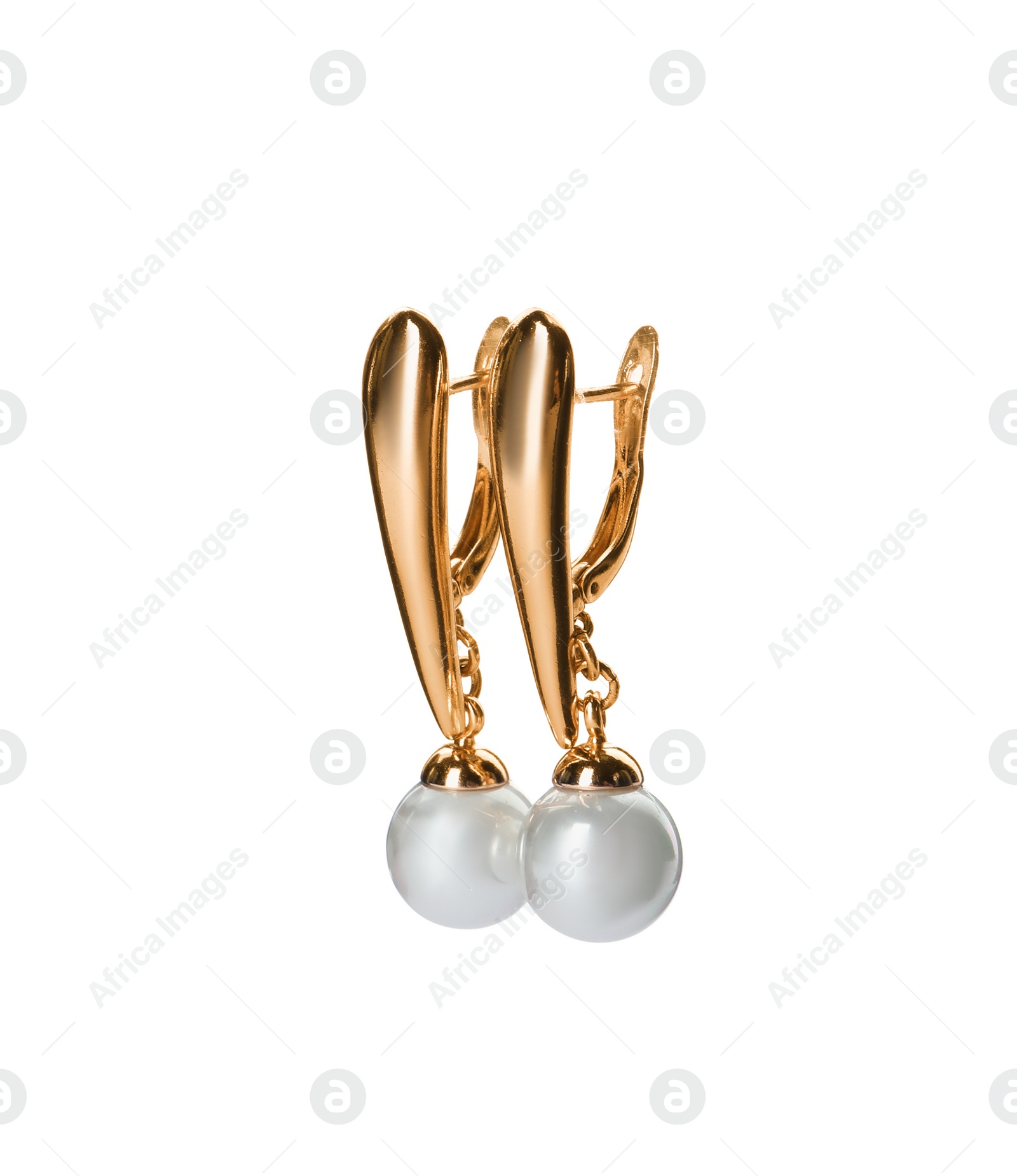 Photo of Elegant golden earrings with pearls on white background