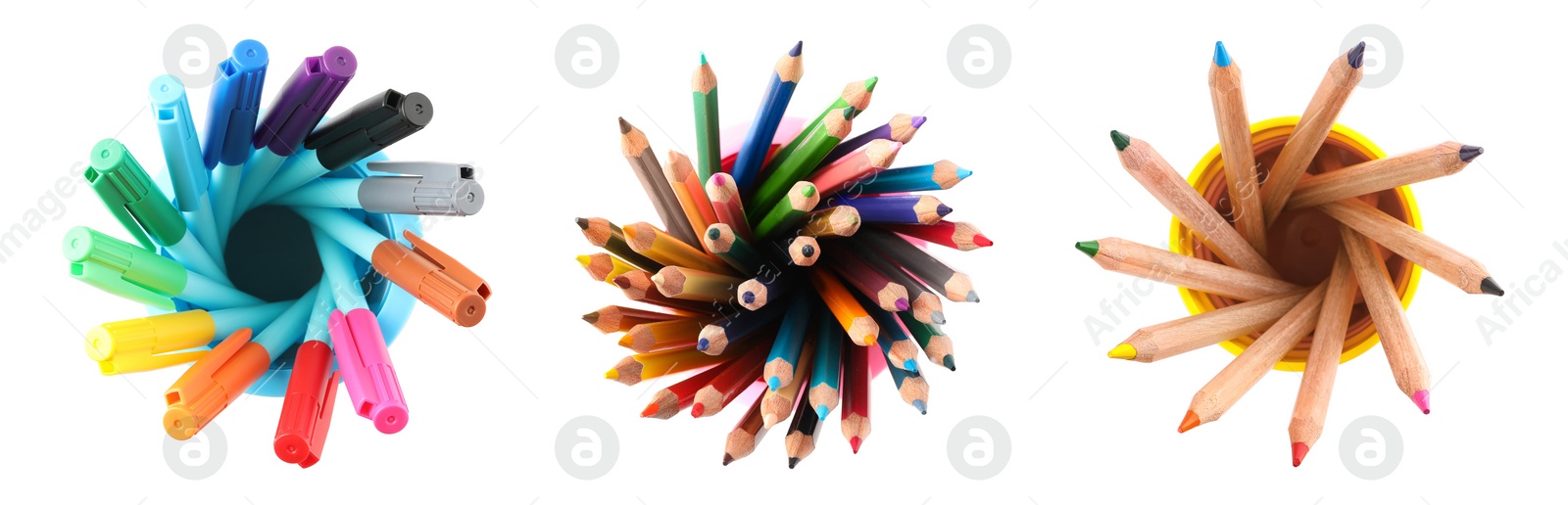 Image of Set of bright pencils and felt tip pens on white background, top view. School stationery, banner design 