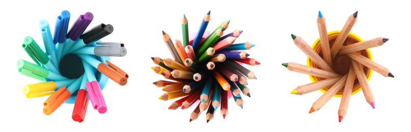 Image of Set of bright pencils and felt tip pens on white background, top view. School stationery, banner design 