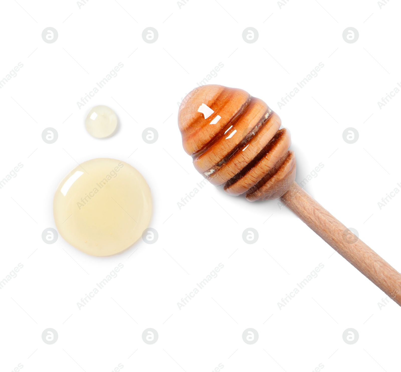 Photo of Tasty natural honey and dipper on white background, top view