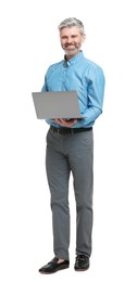 Photo of Mature businessman in stylish clothes with laptop on white background