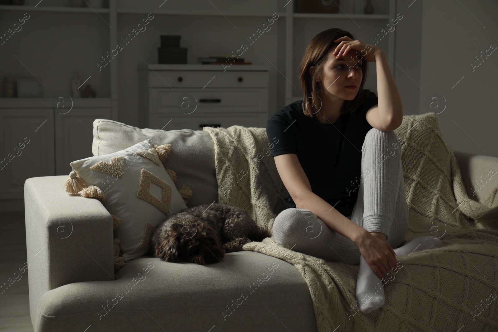 Photo of Sad young woman and her dog on sofa at home