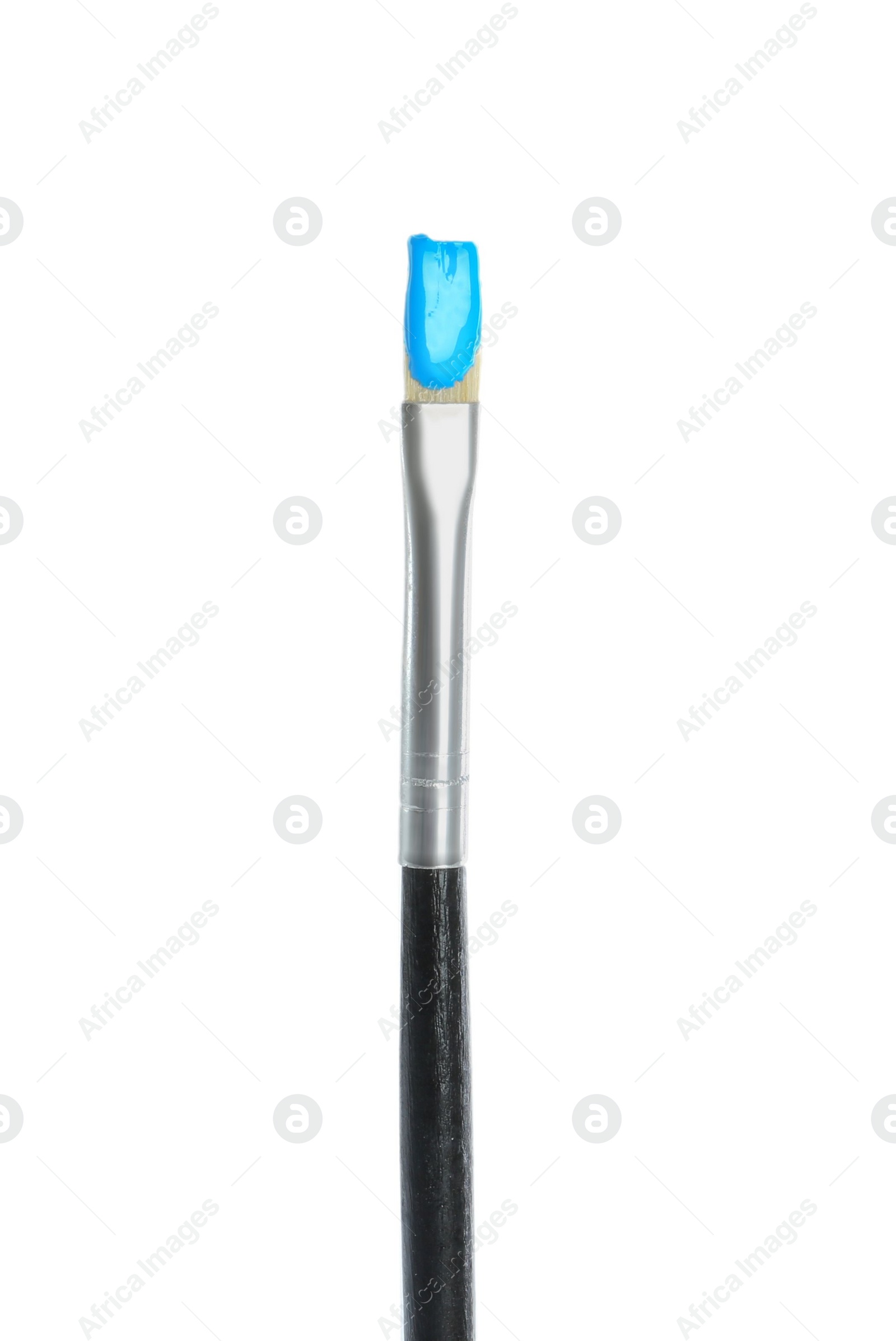 Photo of Brush with light blue paint isolated on white