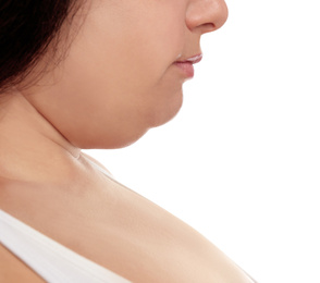 Woman with double chin on white background, closeup