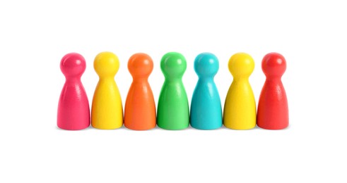 Photo of Colorful pawns on white background. Social inclusion concept