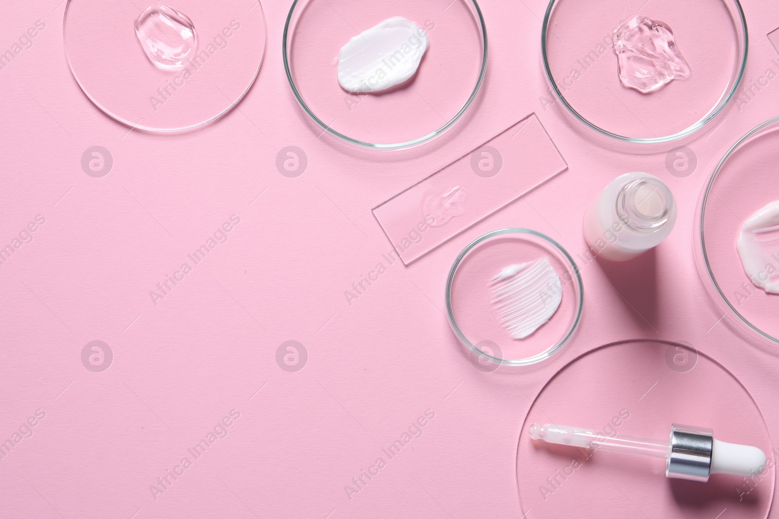 Photo of Bottle of cosmetic serum and petri dishes with samples on pink background, flat lay. Space for text