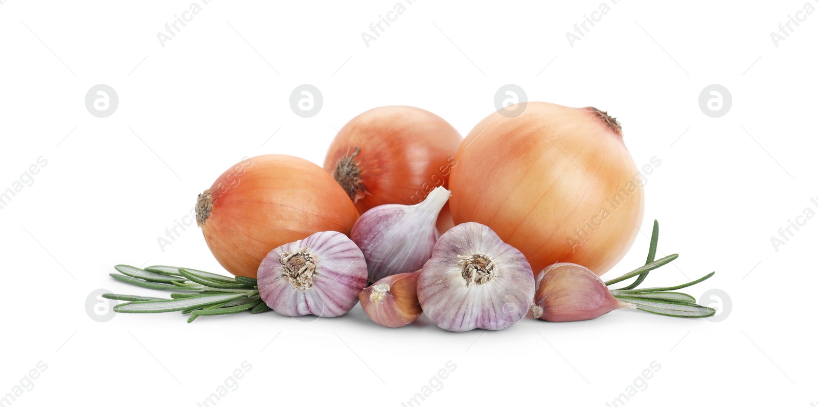 Photo of Fresh garlic, onion and rosemary isolated on white