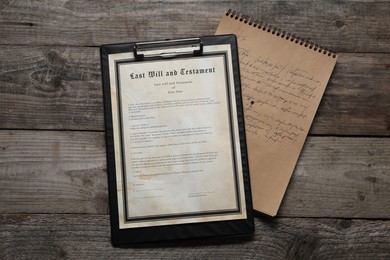 Photo of Last Will and Testament with handwritten letter on wooden table, top view