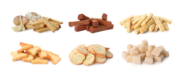 Set with different delicious crispy rusks on white background. Banner design