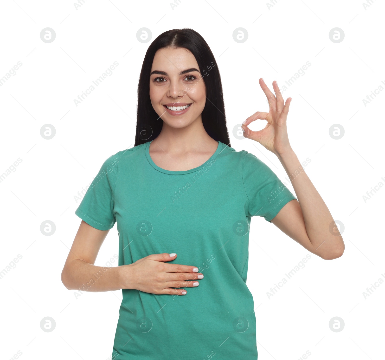 Photo of Happy healthy woman touching her belly on white background