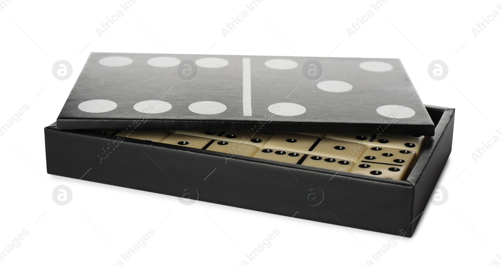 Photo of Dominoes set on white background. Board game