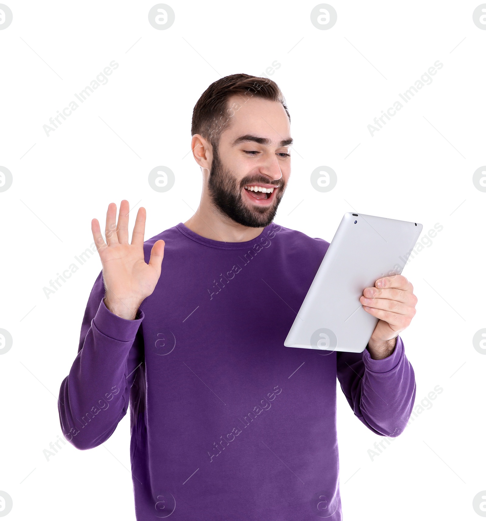 Photo of Man using tablet for video chat isolated on white