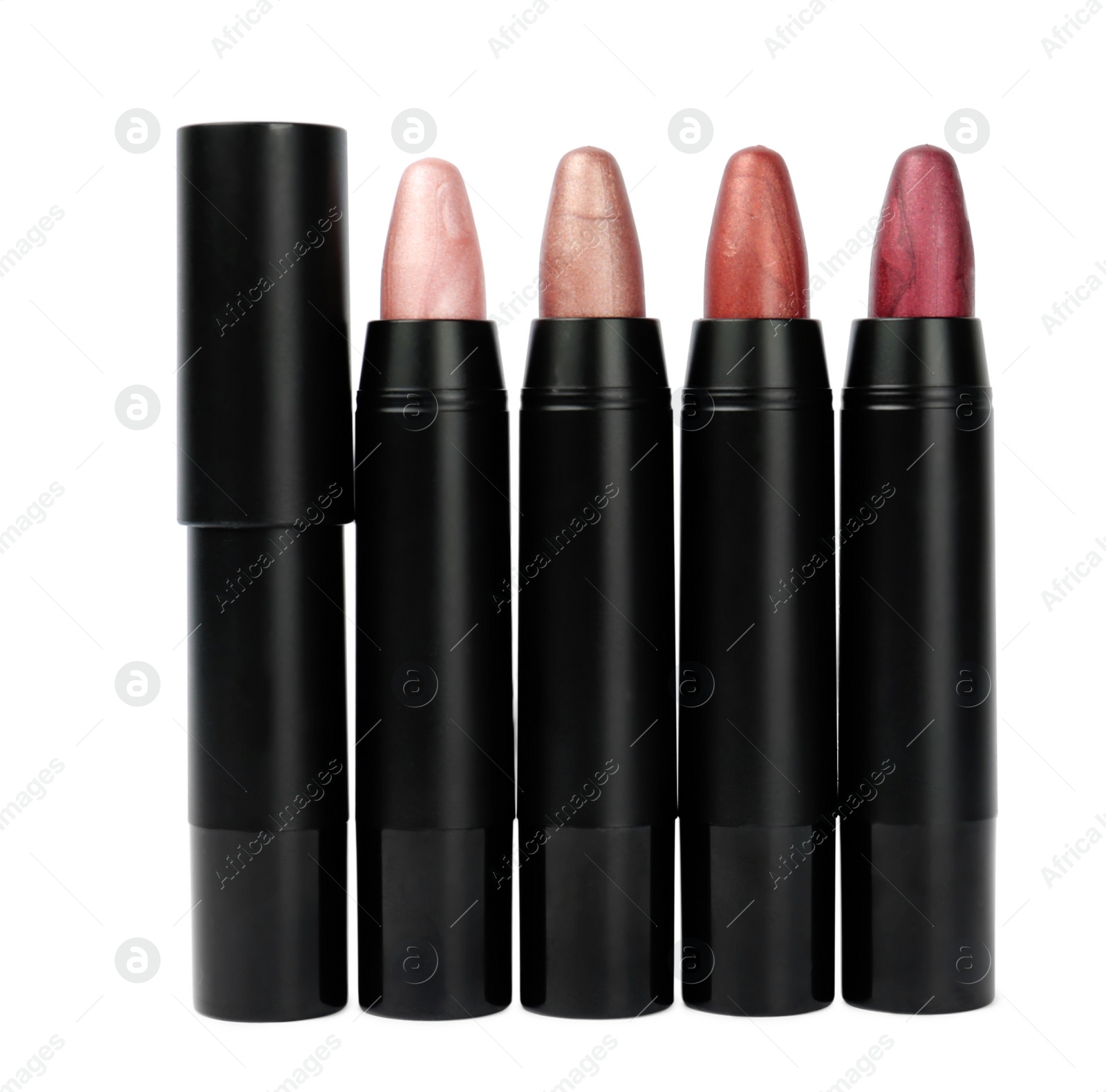 Photo of Set of colorful lipsticks isolated on white