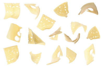 Image of Collage with slices of cheese falling on white background