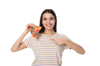 Beautiful woman with pizza isolated on white