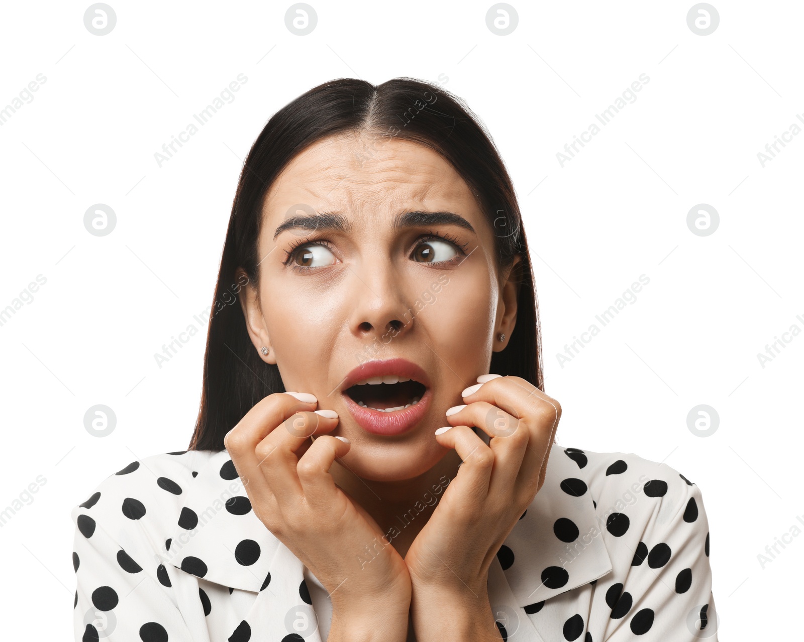 Photo of Young woman feeling fear on white background