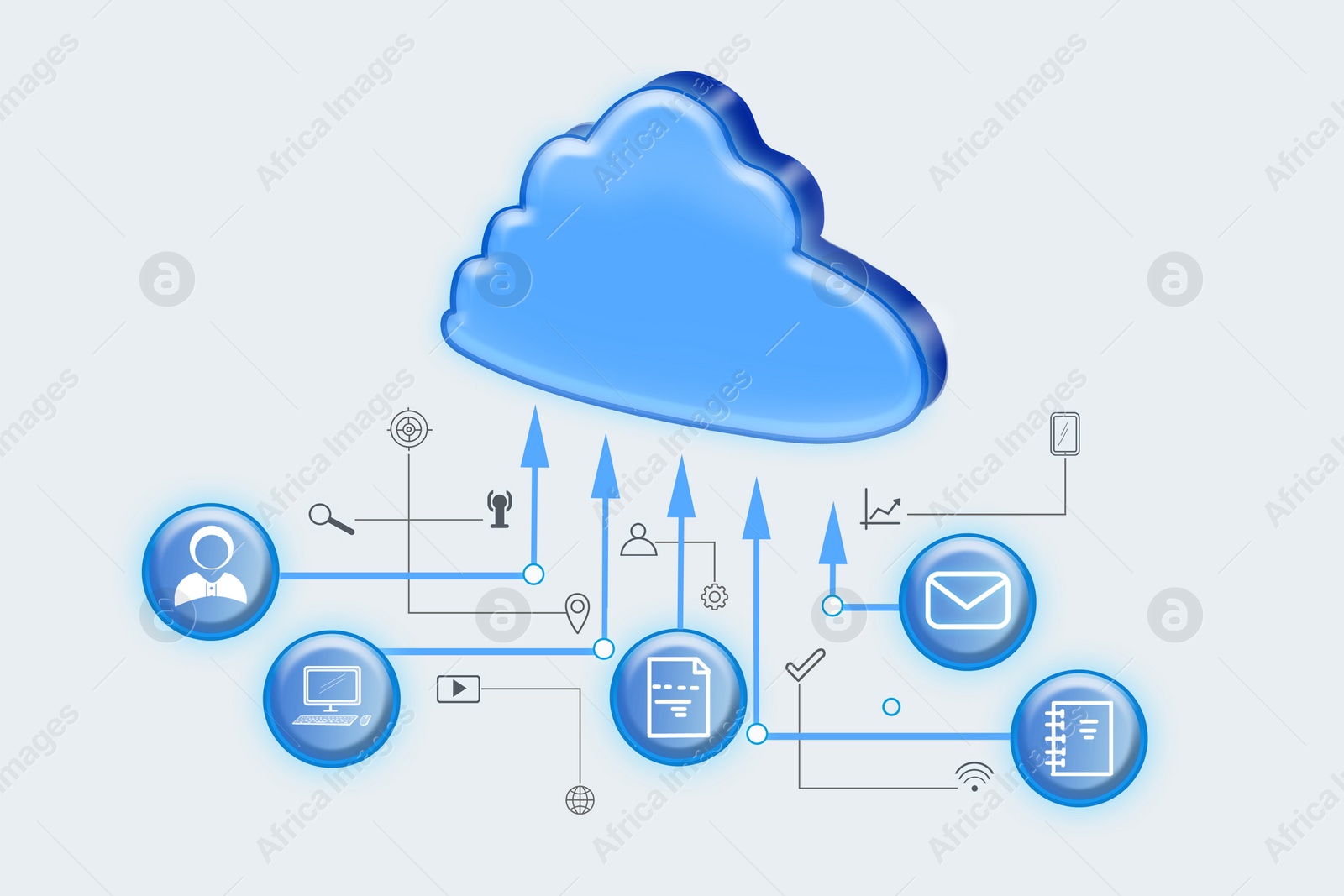 Illustration of  digital cloud with different icons on white background. Modern technology concept 