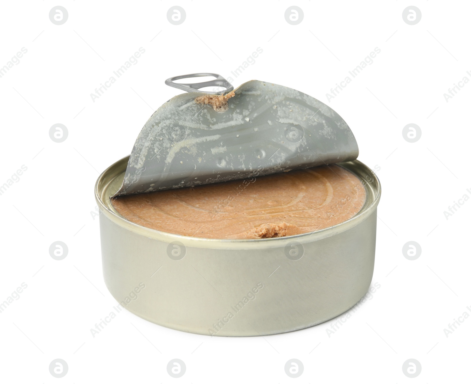 Photo of Open tin can with meat pate isolated on white