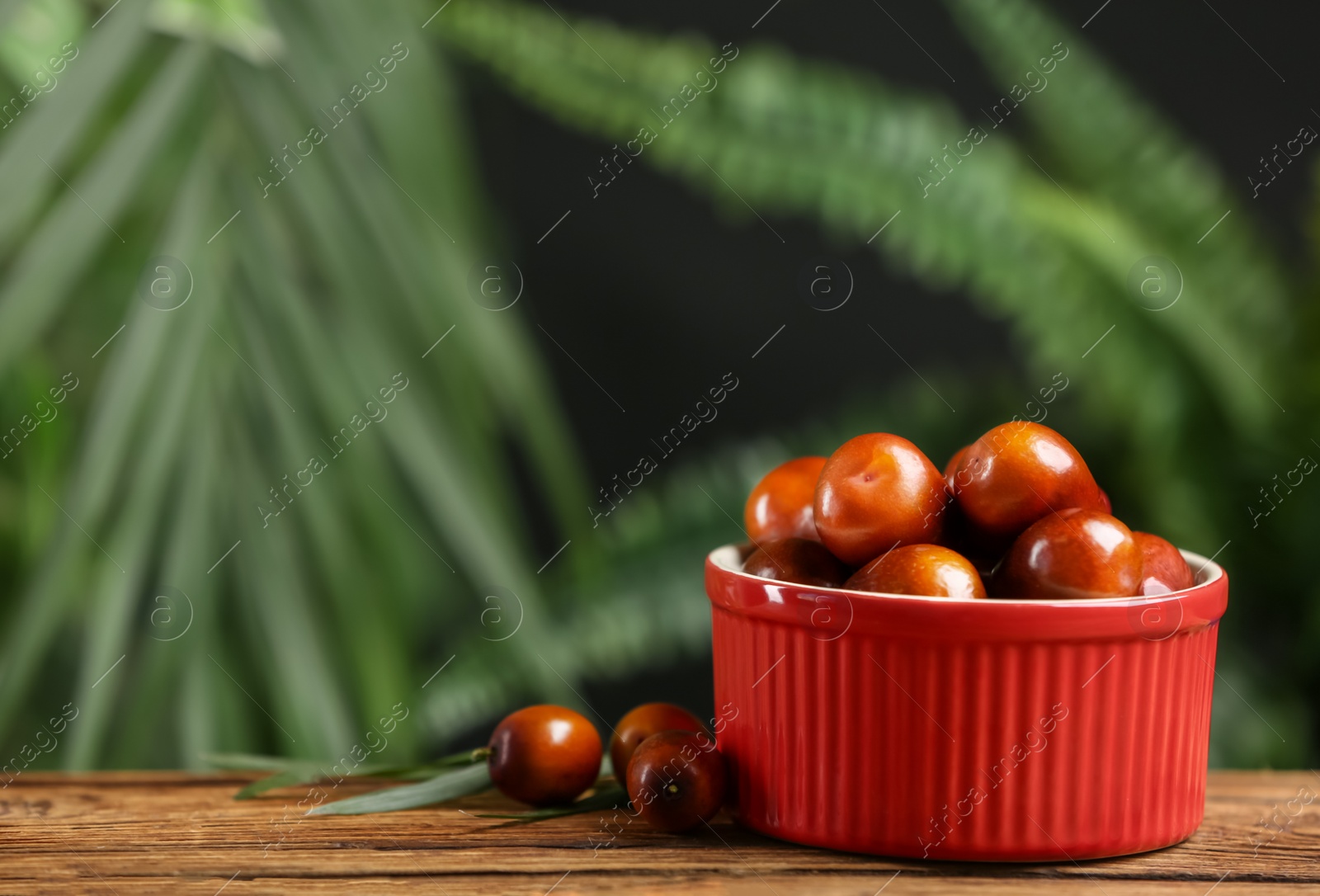 Photo of Fresh ripe oil palm fruits on wooden table. Space for text