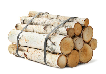 Photo of Bunch of cut firewood isolated on white